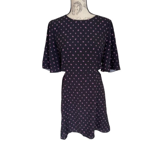 French Connection Verona Crepe Mini Dress Navy Blue Pink Floral Cut Outs Short 8 - Picture 1 of 16